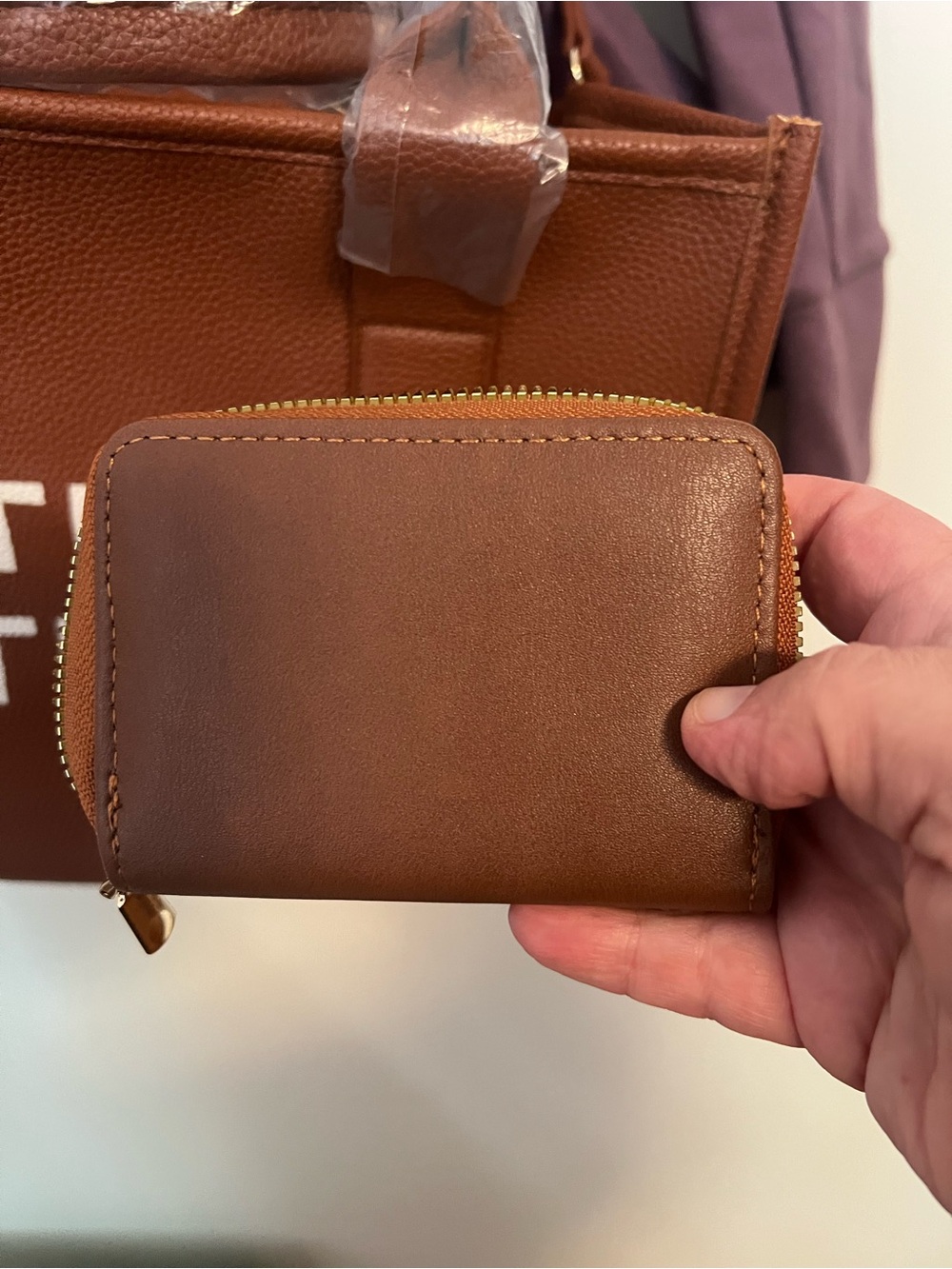 Designer Like The Tote Bag Brown Pebbled Tote with White Logo and wallet - Picture 3 of 6